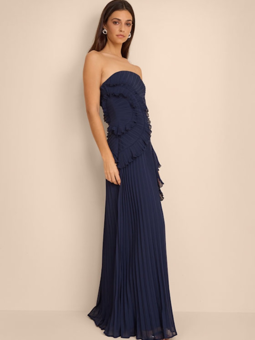 Lulus Brylee Navy Blue Pleated Ruffled Maxi Dress - Size M